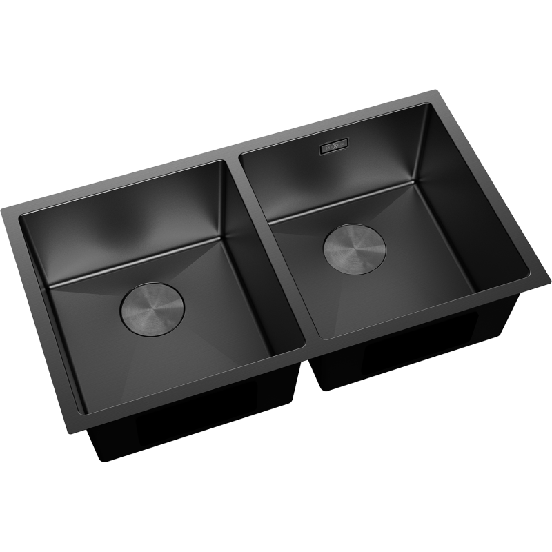 Stål Kjøkkenvask Mexen Binox 800 x 450 mm, sort, to kummer med sirkulære avløp, sett skrått ovenfra.