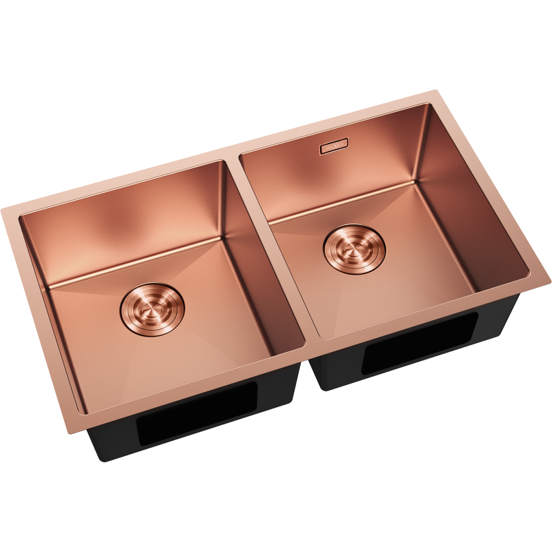 Kjøkkenvask Rustfritt Stål dobbel vask i børstet kobber, sett skrått ovenfra med rette linjer.