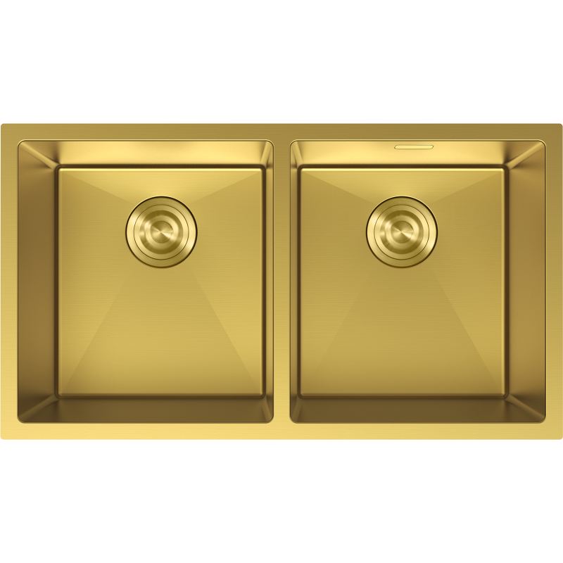 Stål Kjøkkenvask i gull, dobbelt oppvaskkum med avrundede hjørner og sentrerte avløp, sett ovenfra.