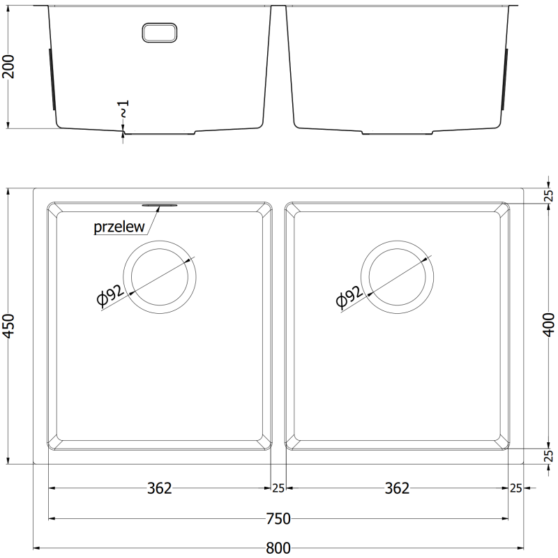 Kjøkkenvask i stål teknisk tegning med mål for Mexen Binox 800 x 450 mm, dobbel gullvask.