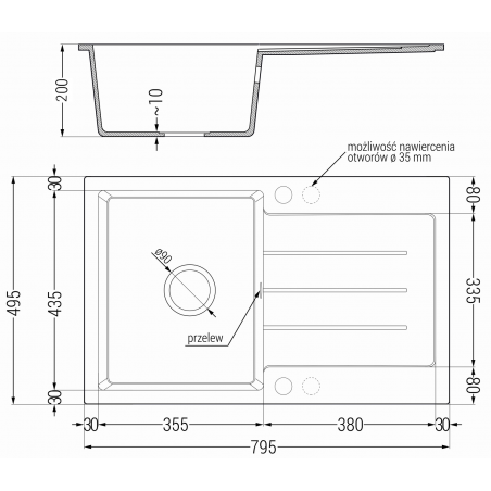 Bruno Kjøkkenvask 1 Kum Med Avrenning 795 x 495 mm, Hvit, Vannlås Svart - 6513791010-20-B