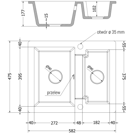 Carlos Kjøkkenvask 1 1/2 Kum 582 x 475 mm, Hvit, Vannlås Svart - 6518581500-20-B