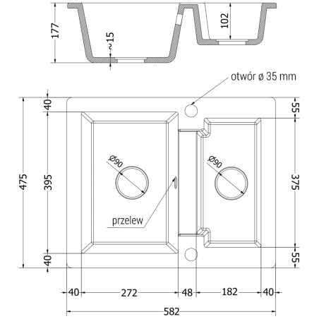 Carlos Kjøkkenvask 1 1/2 Kum 582 x 475 mm, Svart/Grå, Vannlås Svart - 6518581500-76-B