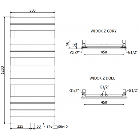 Håndkletørker Ceres 1200 x 500 mm, 600 W, Sort