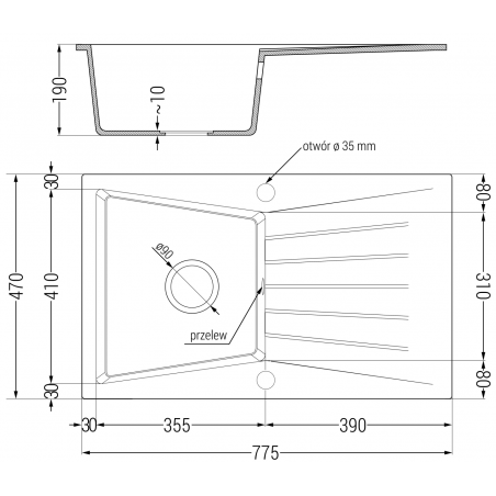 Cesar Kjøkkenvask 1 Kum Med Avrenning 775 x 470 mm, Svart/Grå, Vannlås Svart - 6514771010-76-B