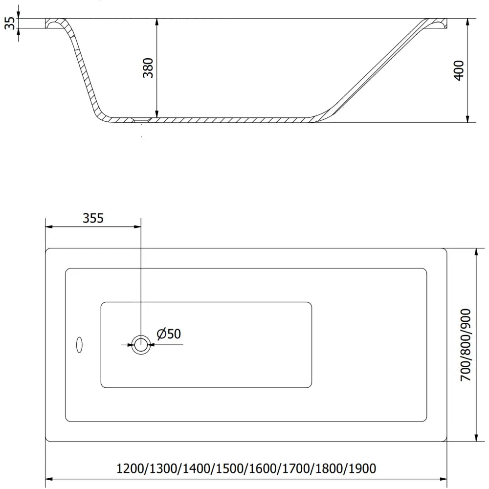 Cubik Rektangulært Badekar 120x70 Cm Hvit