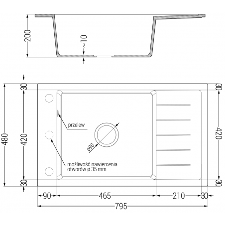 Elias Kjøkkenvask 1 Kum Med Avrenning 795 x 480 mm, Hvit, Vannlås Krom - 6511791005-20