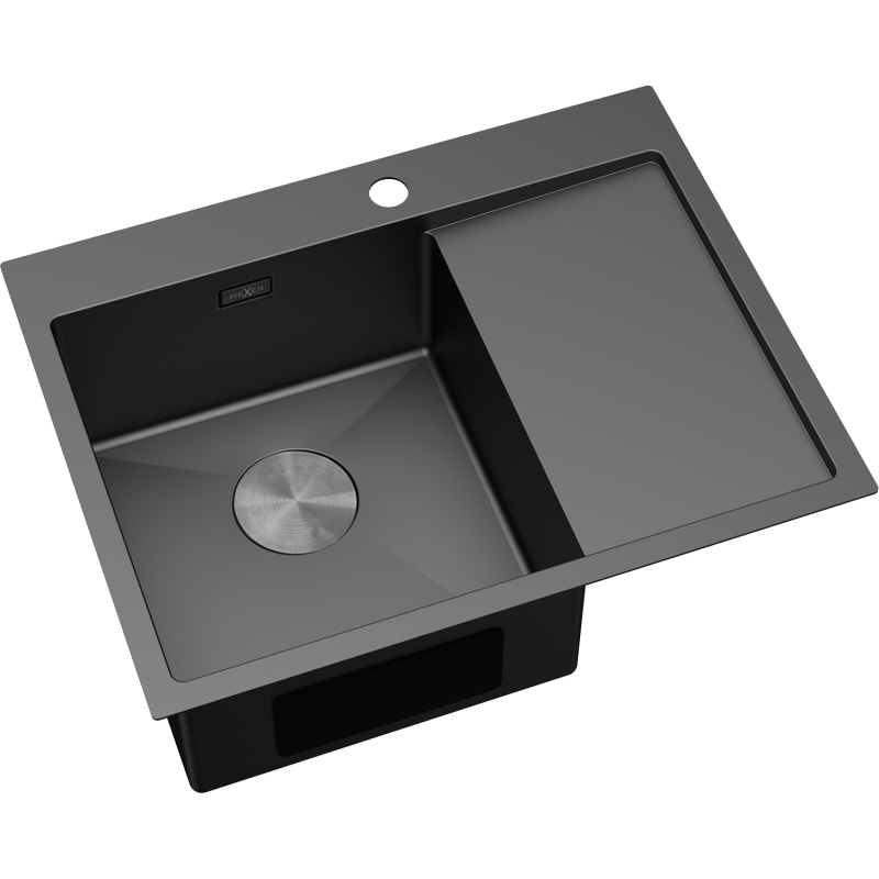 Stål Kjøkkenvask Mexen Exar 620 x 480 mm i svart med ett stort og ett mindre rom, sett skrått ovenfra.
