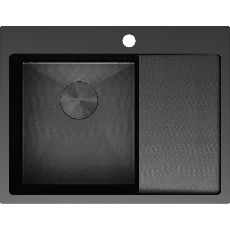 Kjøkkenvask i stål Mexen Exar svart med sekskantmønster, avrenningsfelt og rund avløpsrist, sett ovenfra.