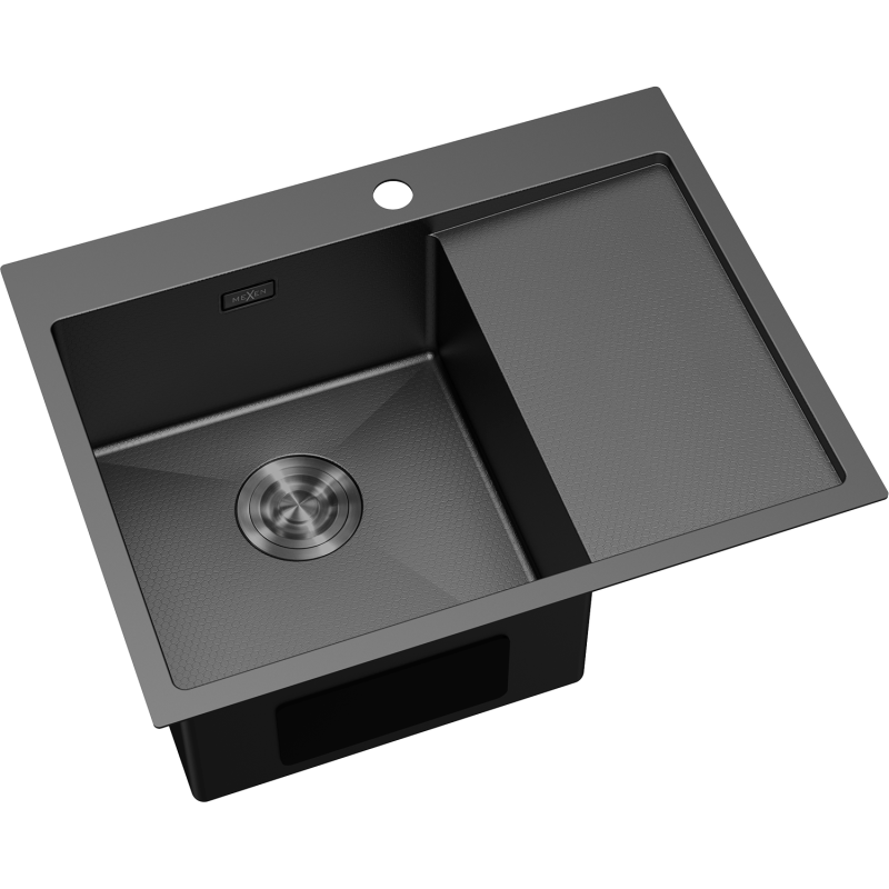 Kjøkkenvask Rustfritt Stål svart Mexen Exar med stor venstrekum og avrenningsfelt sett skrått ovenfra.