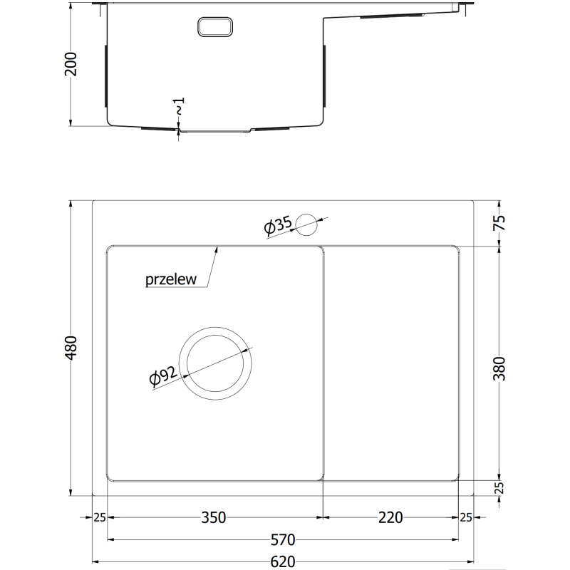 Kjøkkenvask i stål teknisk tegning med mål, én kum, avrenningsfelt og plassering for overløp og armatur.