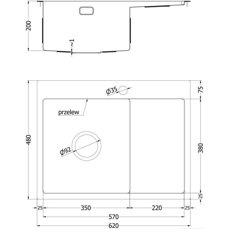 Kjøkkenvask i stål teknisk tegning med mål for 620 x 480 mm vask, to kummer og avrenner.