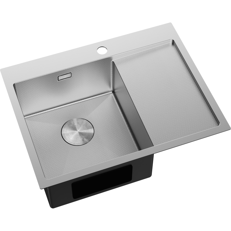 Stål Kjøkkenvask Mexen Exar med én kum og avrenner, børstet finish, sett i skrått fugleperspektiv.