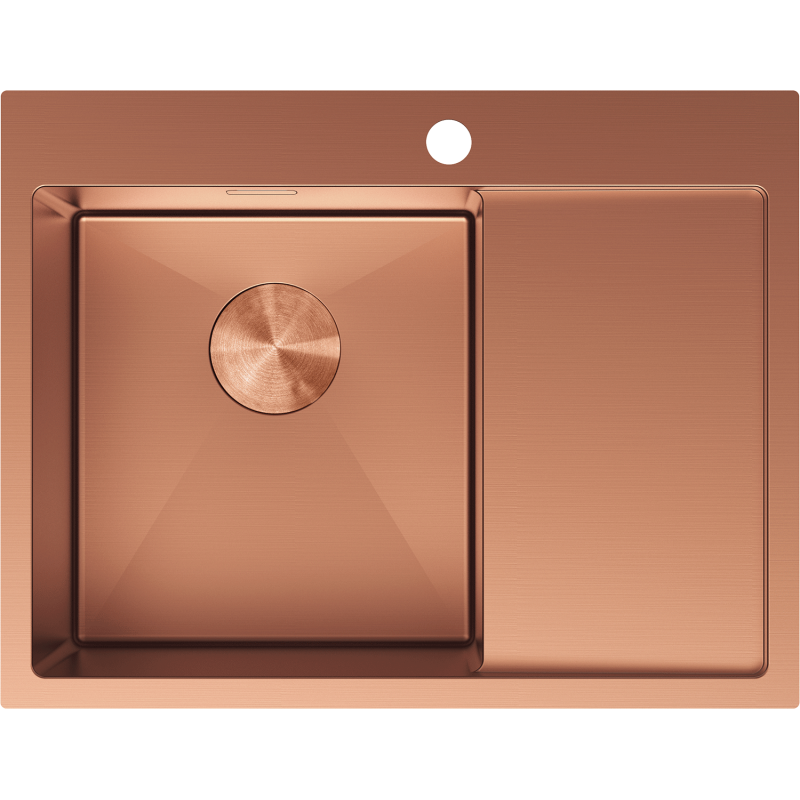 Kjøkkenvask i stål 620 x 480 mm i børstet kobber, sett ovenfra med venstre kum og avrenningsfelt.