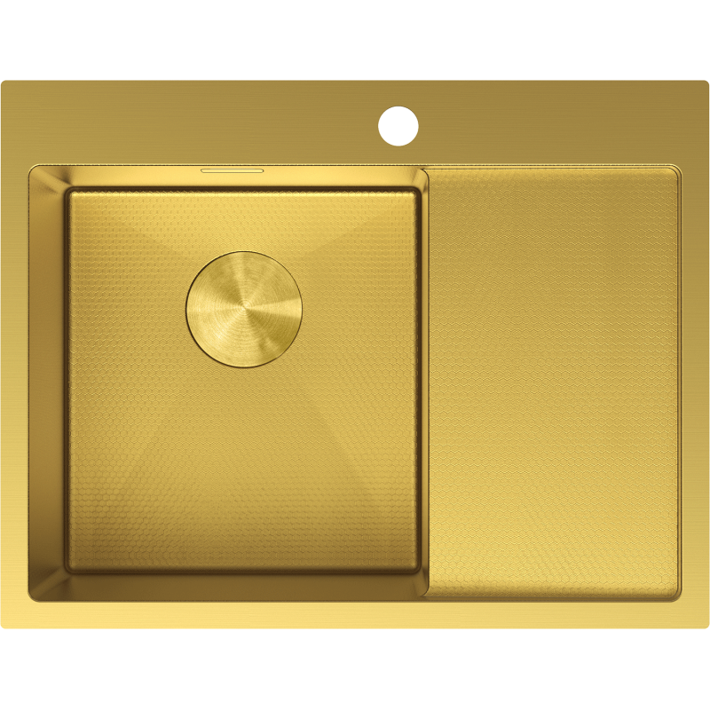 Kjøkkenvask i stål 620 x 480 mm, gull, sett ovenfra med én kum og strukturert avrenner til høyre.