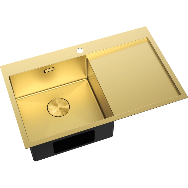 Stål Kjøkkenvask i gull med én kum til venstre og avrenningsfelt til høyre, sett ovenfra.
