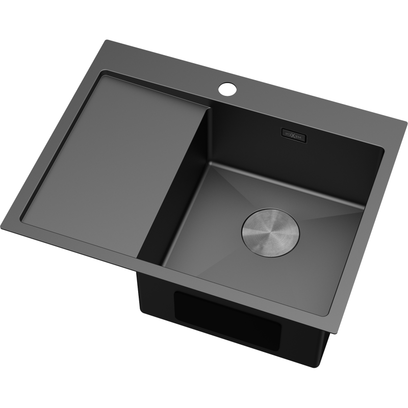 Stål Kjøkkenvask i matt sort med én kum, avrundede hjørner og avrenningsfelt til venstre.