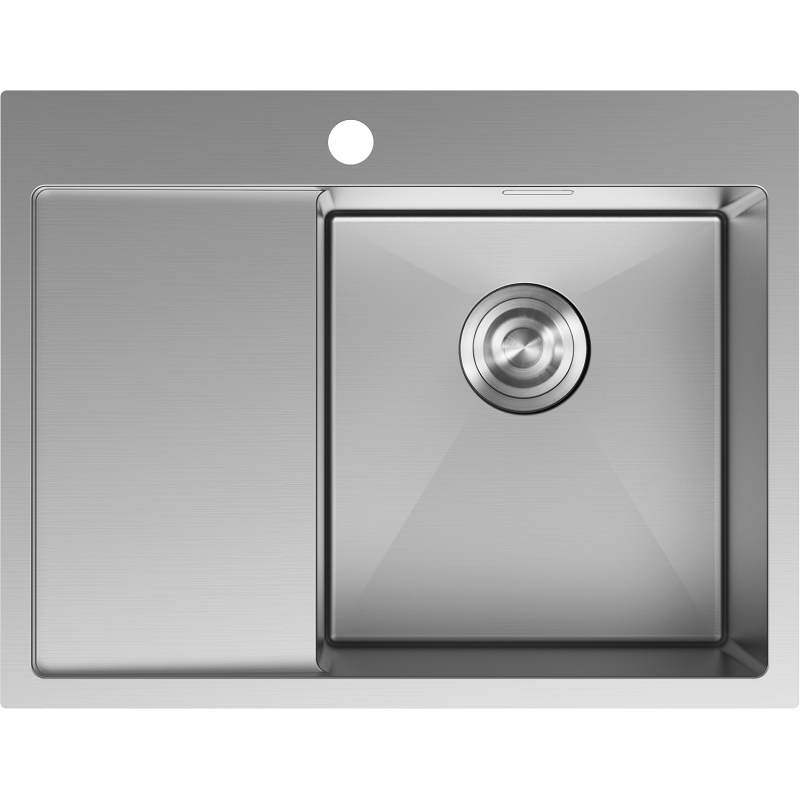 Stål Kjøkkenvask Mexen Exar sett ovenfra med én kum til høyre og avrenningsfelt til venstre.