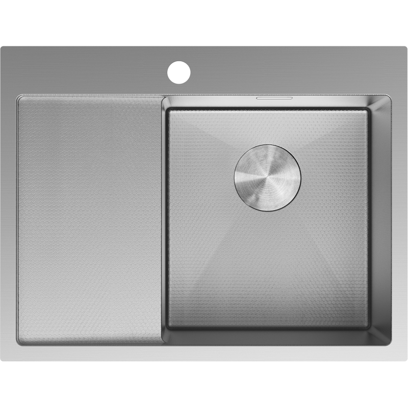 Kjøkkenvask i stål Mexen Exar sett ovenfra med én kum til høyre og sekskantmønstret avrenner.