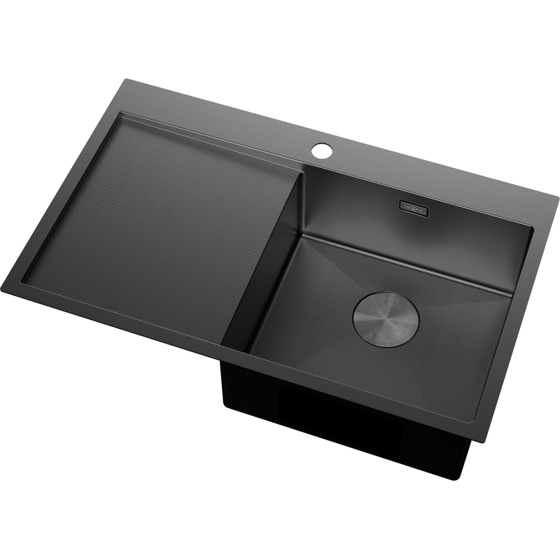 Stål Kjøkkenvask Mexen svart 780 x 480 mm med én kum og høyre avrenner sett fra skrått topp-perspektiv.