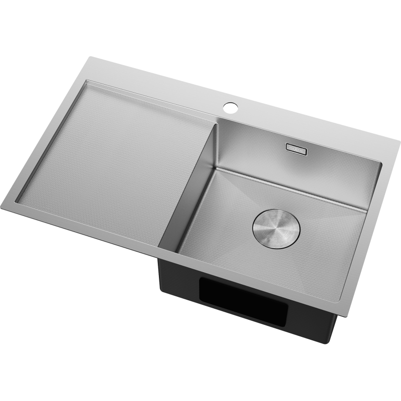 Stål Kjøkkenvask Mexen Exar med stor kum til høyre og avrenningsfelt til venstre, sett skrått ovenfra.