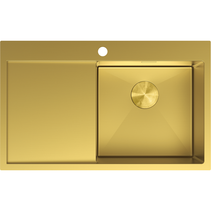 Kjøkkenvask i stål 780 x 480 mm gull med én kum til høyre og avrenner til venstre, sett ovenfra.