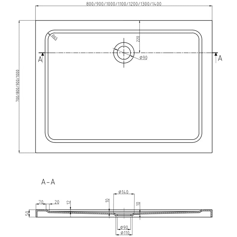 Flat Dusjbrett Rektangulært Slim 110x100 Cm Hvitt Svart Avløp - 40101011b