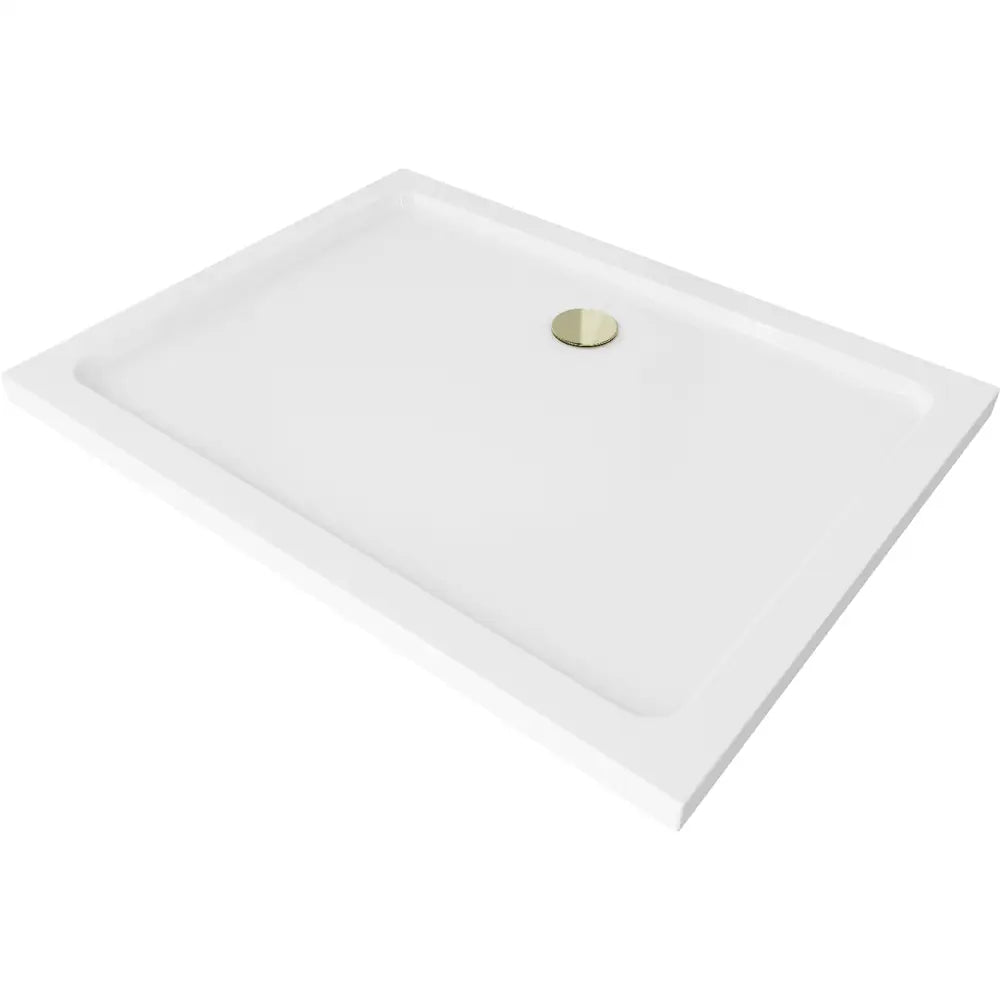 Flat Rektangulært Slim Dusjbrett 80x70 Cm Hvit Gullfarget Avløp - 40107080g