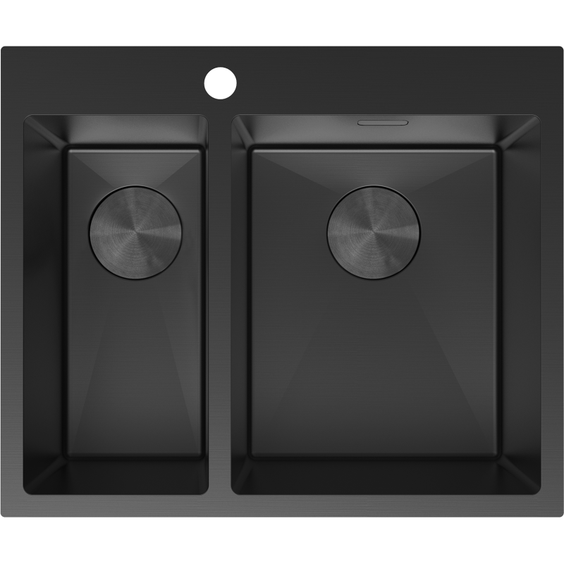 Kjøkkenvask i stål Mexen Flexo 610 x 510 mm, svart, dobbelt kum sett ovenfra med hull til blandebatteri.
