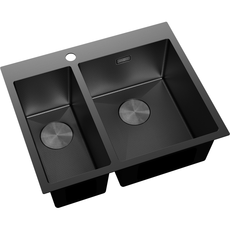 Stål Kjøkkenvask Mexen Flexo svart 1,5 kum, sett skrått ovenfra med avrundede hjørner og runde siler.