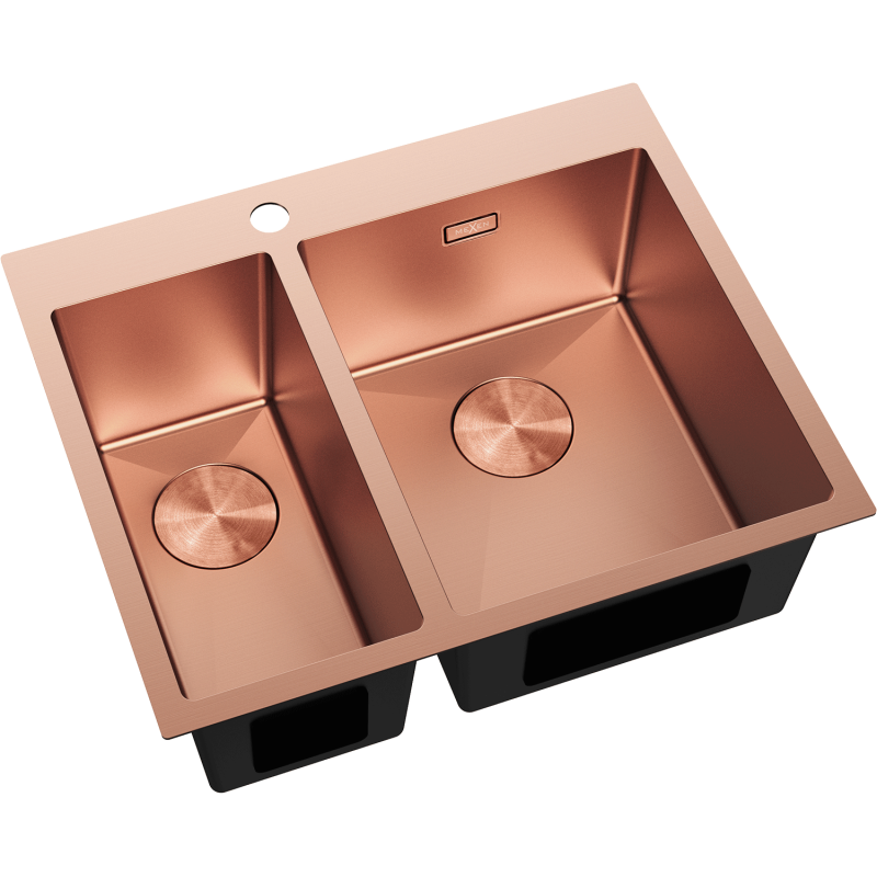 Stål Kjøkkenvask Mexen Flexo 1,5 kum i børstet kobber, sett skrått ovenfra med runde bunnventiler.