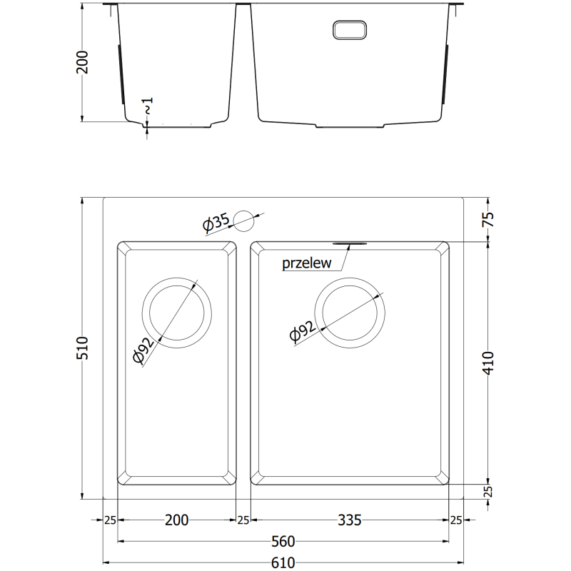 Kjøkkenvask i stål teknisk tegning av Mexen Flexo 1,5 kum 610x510 mm med mål og hullplassering.