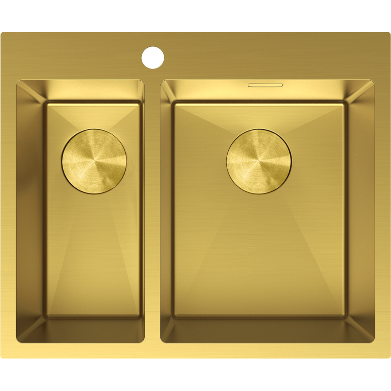 Kjøkkenvask i stål Mexen Flexo gull, dobbel kum, sett ovenfra med runde bunnventiler.