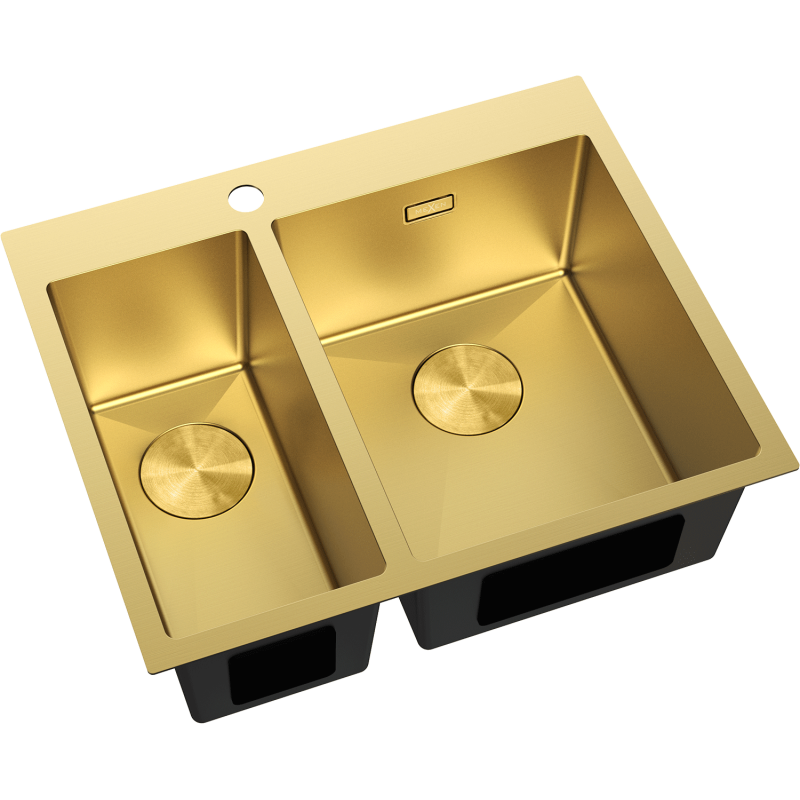 Stål Kjøkkenvask Mexen Flexo i gull, dobbel kum, sett skrått ovenfra med rund dekkeplate.
