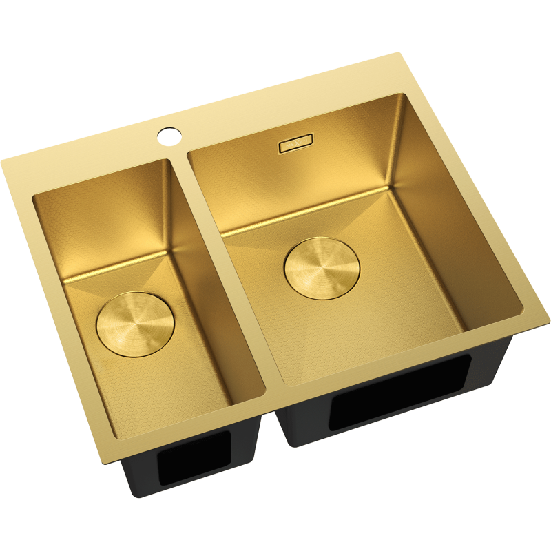 Stål Kjøkkenvask Mexen Flexo i gull, to kummer med runde bunnsil-lokk, sett skrått ovenfra.