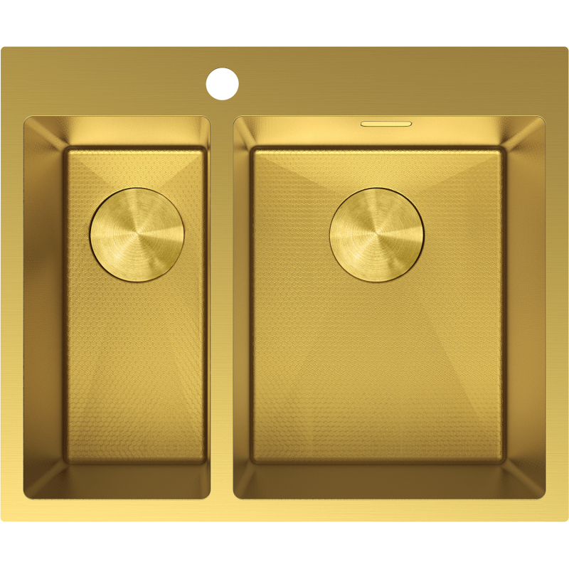 Kjøkkenvask i stål Mexen Flexo i gull, sett ovenfra med børstet finish og sirkelmønstrede avløpslokk.