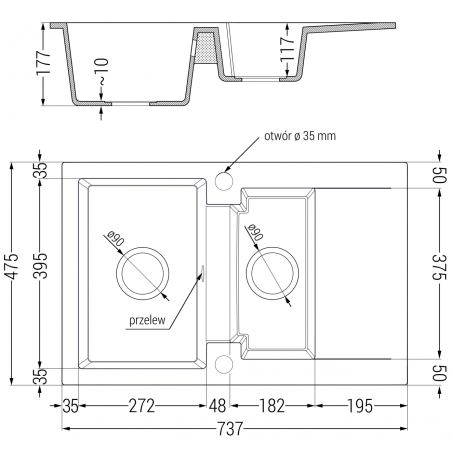 Gaspar Kjøkkenvask 1 1/2 Kum Med Avrenning 737 x 475 mm, Hvit, Vannlås Svart - 6507731505-20-B