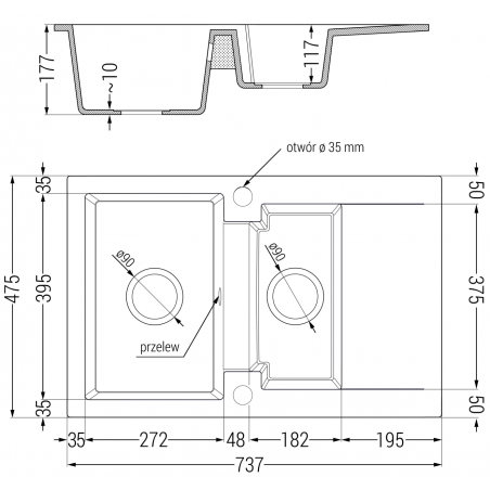 Gaspar Kjøkkenvask 1 1/2 Kum Med Avrenning 737 x 475 mm Svart/Sølv Metallic, Vannlås Svart - 6507731505-73-B