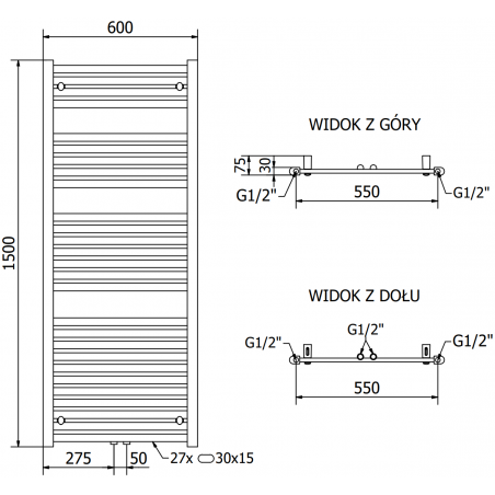 Håndkletørker Hades 1500 x 600 mm, 600 W, Krom