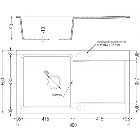 Leo Kjøkkenvask 1 Kum Med Avrenning 900 x 500 mm, Svart/Grå, Vannlås Krom - 6501901010-76