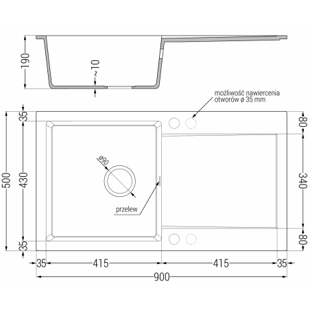 Leo Kjøkkenvask 1 Kum Med Avrenning 900 x 500 mm, Svart, Vannlås Gull - 6501901010-77-G