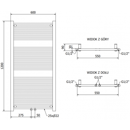 Håndkletørker Mars 1200 x 600 mm, 600 W, Hvit, Premium