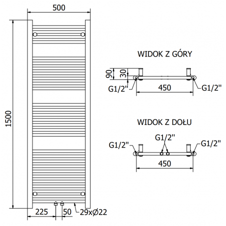 Håndkletørker Mars 1500 x 500 mm, 600 W, Sort, Premium