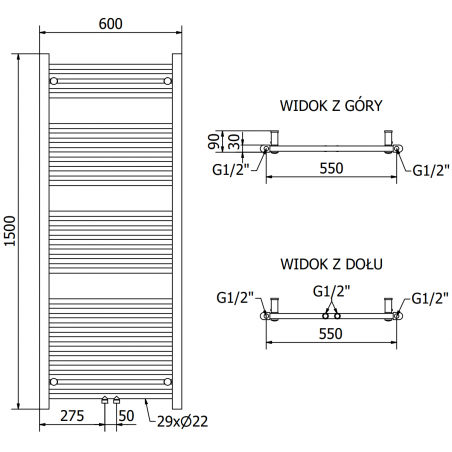 Håndkletørker Mars 1500 x 600 mm, 900 W, Sort, Premium