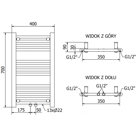 Håndkletørker Mars 700 x 400 mm, 300 W, Sort, Premium