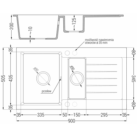 Matias Kjøkkenvask 1 1/2 Kum Med Avrenning 900 x 505 mm, Grå, Vannlås Gull - 6502901505-71-G