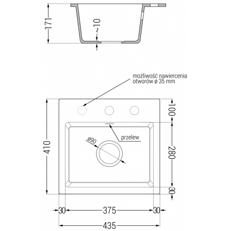 Milo Kjøkkenvask 1 Kum 435 x 410 mm, Svart, Vannlås Gull - 6505441000-77-G