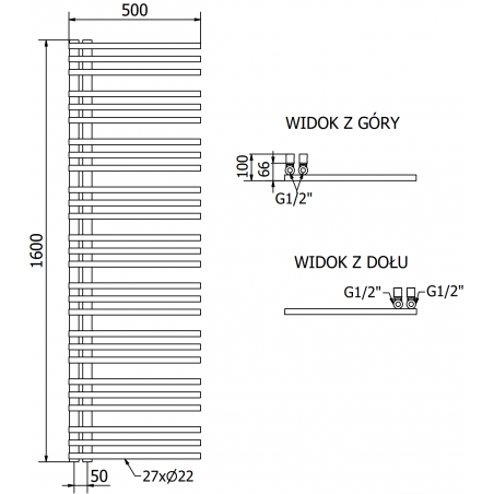 Håndkletørker Neptun 1600 x 500 mm, 900 W, Sort