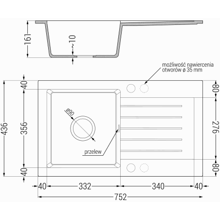 Pablo Kjøkkenvask 1 Kum Med Avrenning 752 x 436 mm, Svart, Vannlås Svart - 6510751010-77-B