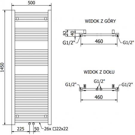 Håndkletørker Pluton 1450 x 500 mm, 900 W, Hvit